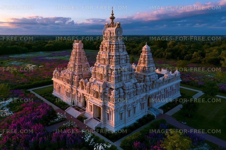 Breathtaking aerial view of a Hindu temple surrounded by flowers