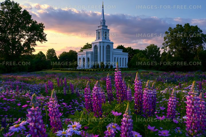 Church building surrounded by fields of flowers at sunset