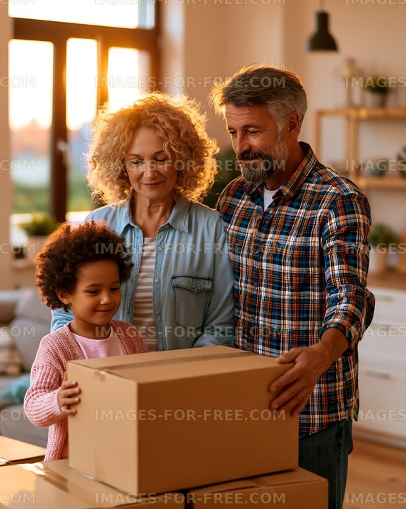 Family helps each other with packing boxes at home