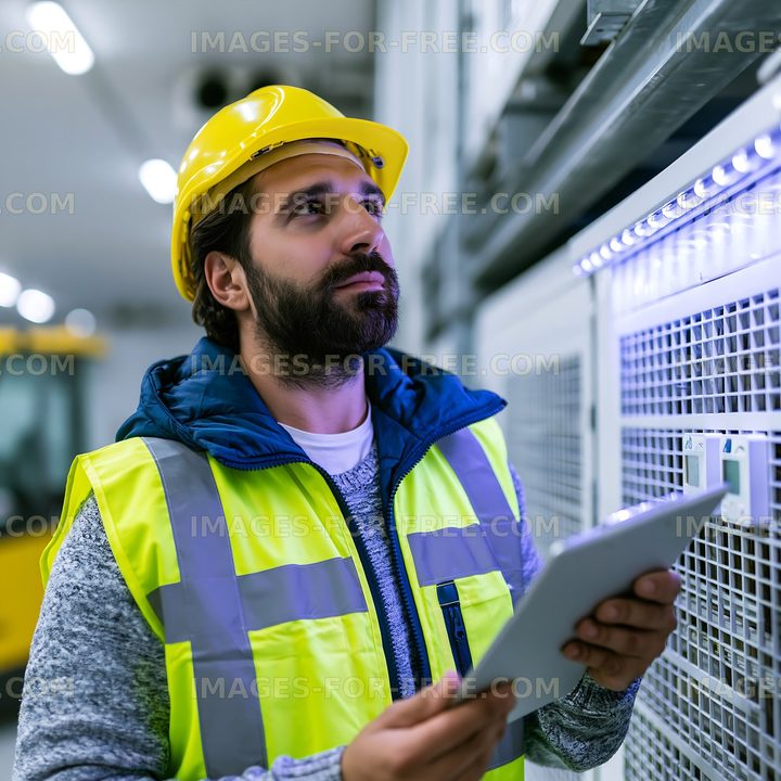 Worker in safety gear checks equipment indoors at a facility