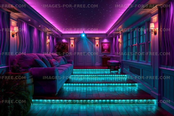 Cozy room with purple and blue lighting and comfortable seating