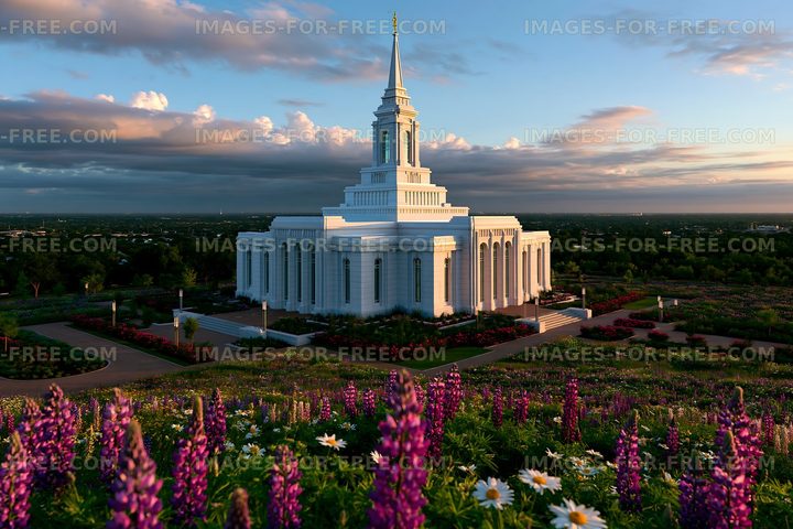 Flowers in bloom near a temple at sunset