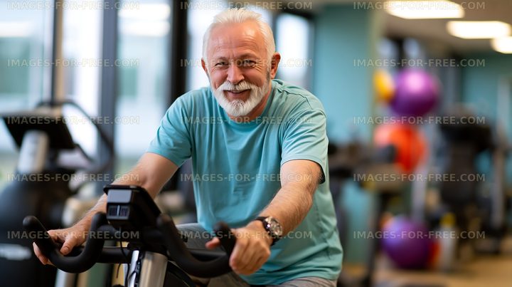 Senior man exercising on stationary bike in fitness center