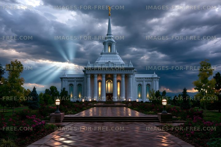 Stately building with beams of light shining through clouds