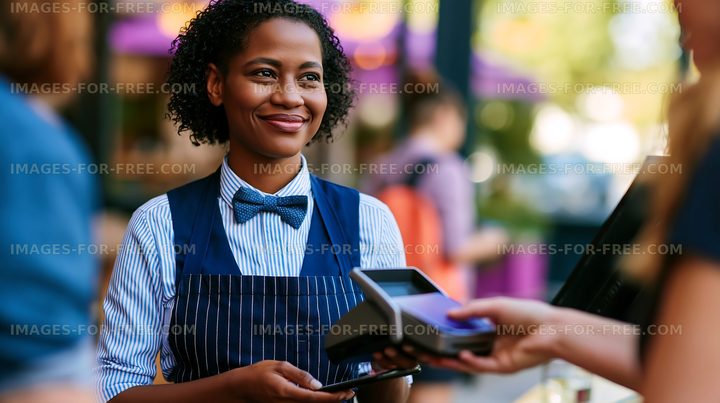 Customer pays at the cafe with a friendly staff member assisting