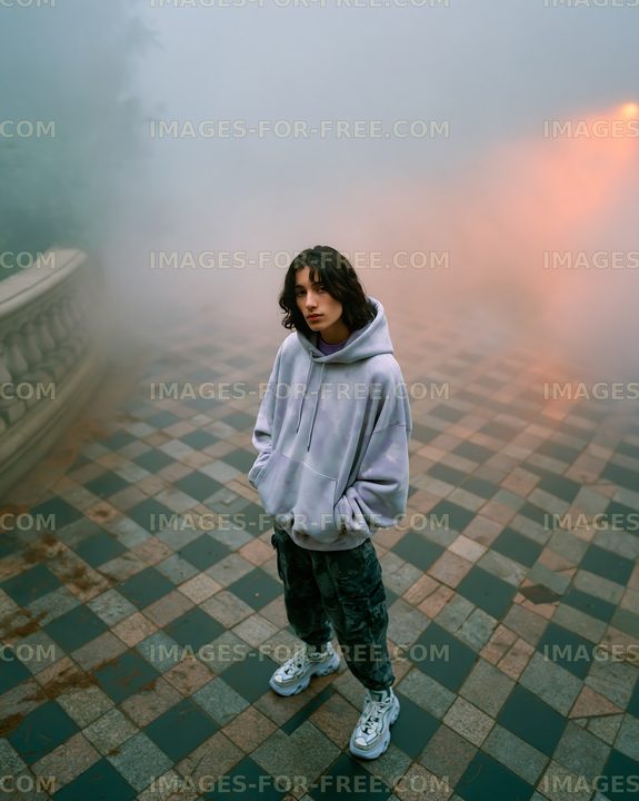 Young person standing in fog on patterned pavement
