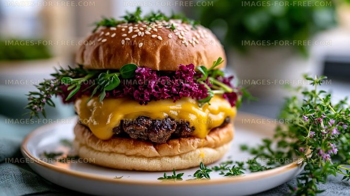 Delicious burger with cheese and fresh greens on a plate