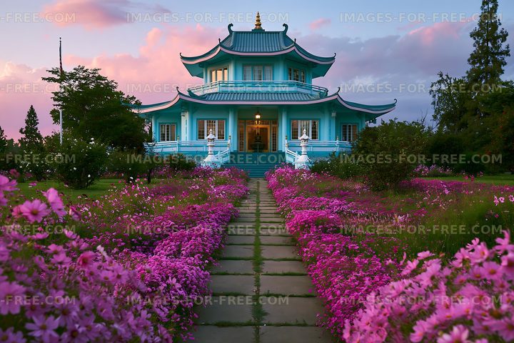 Beautiful temple surrounded by flowers at sunset