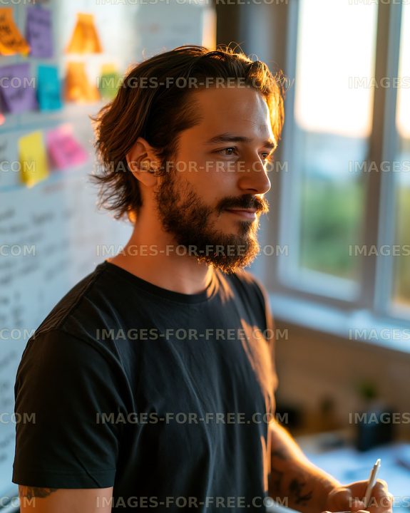 Man standing in a room with notes on a wall during sunset