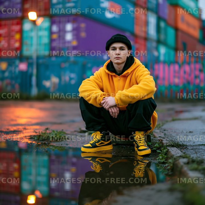 Youth by a puddle with shipping containers behind
