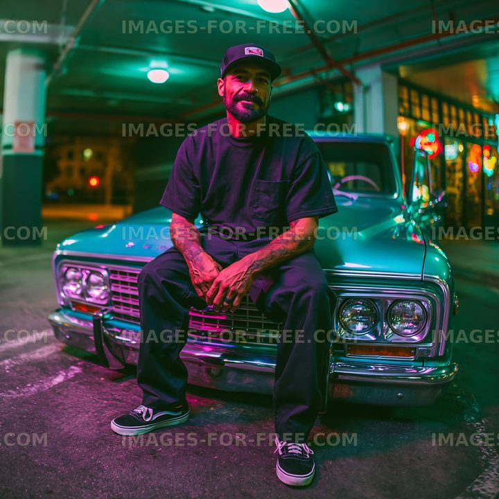 Man sitting on classic truck in urban garage at night