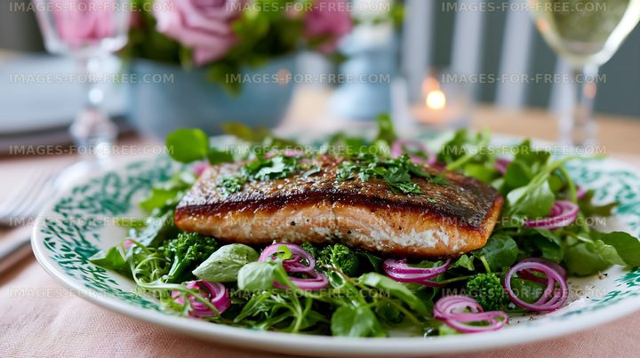 Salmon fillet with salad and vegetables on a dining table