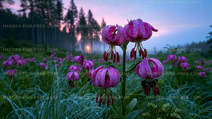 Wildflowers bloom in meadow during dawn