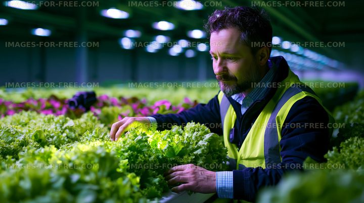 Person inspecting lettuce in a modern indoor farm