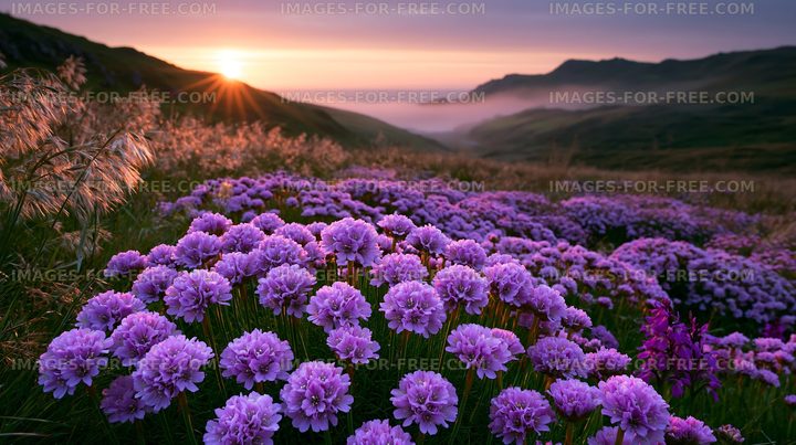 Violet flowers bloom at sunset in a valley landscape
