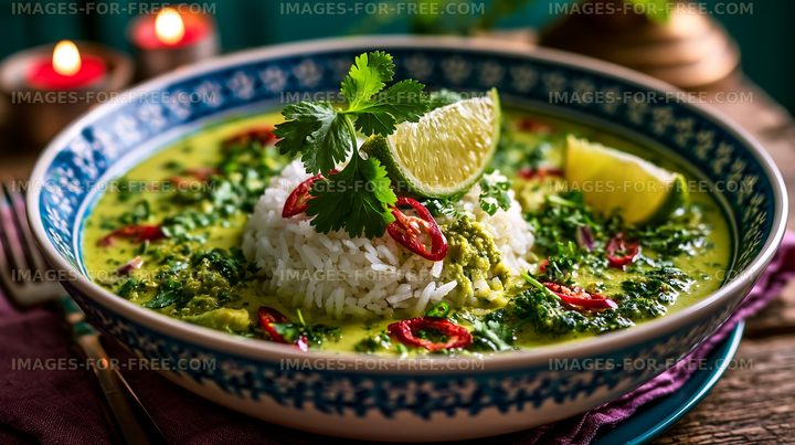 Green curry with rice, lime, and herbs in a bowl