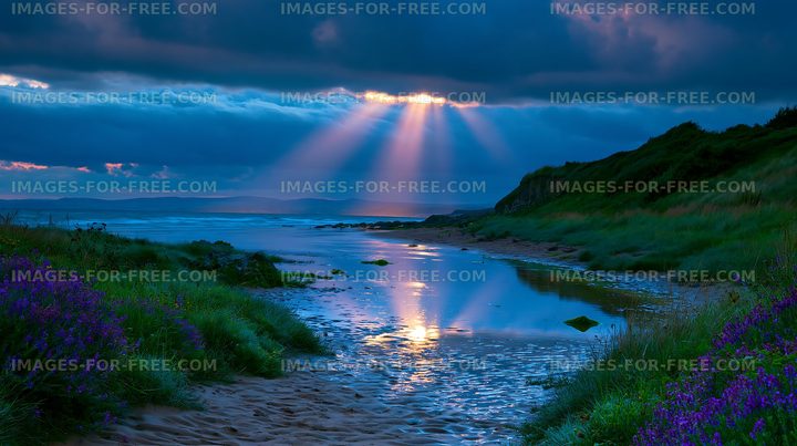 Sunlight breaks through clouds over a shoreline at dusk