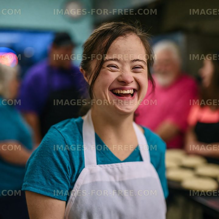 Smiling person working in a kitchen setting with diverse group
