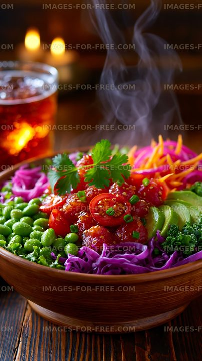 Colorful bowl of fresh vegetables with dressing and herbs