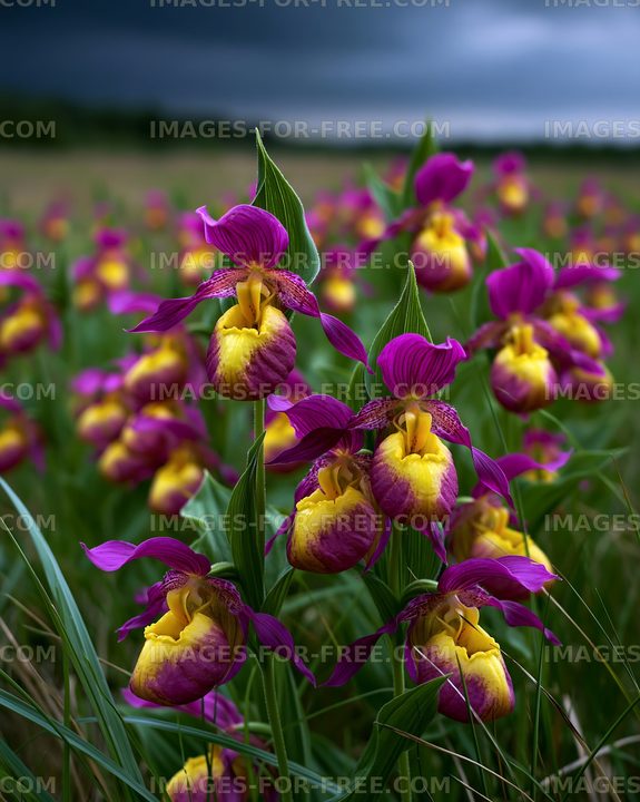 Orchids bloom in a field under a dark sky