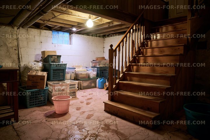 Basement area with storage boxes and wooden stairs