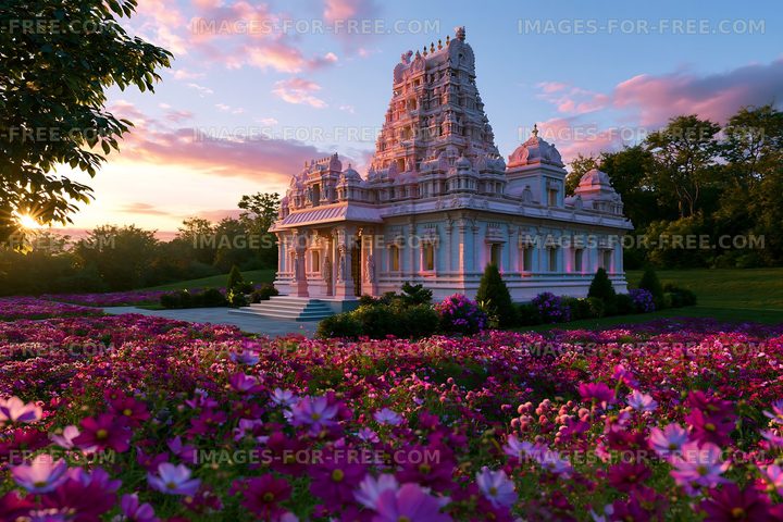 Sunset view of a temple surrounded by flowers in a garden