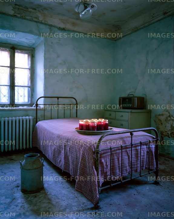 Old bedroom with a bed, candles, and rustic decor