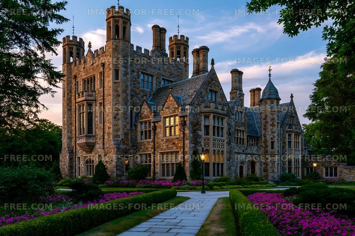 Historic castle surrounded by gardens at sunset