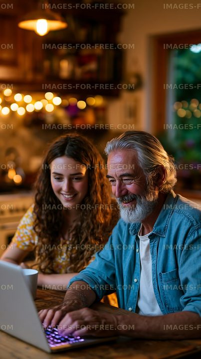 Two people working together on a laptop in a cozy kitchen