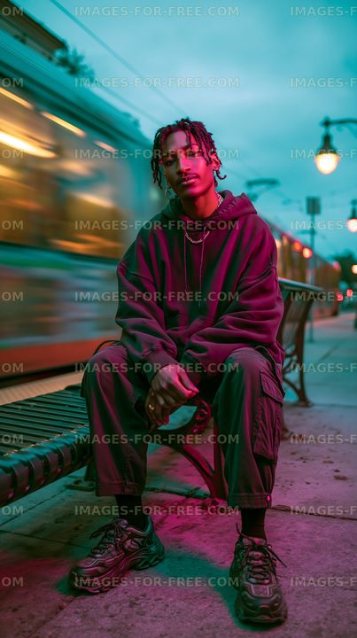 Person sitting on a bench at a transit station during twilight
