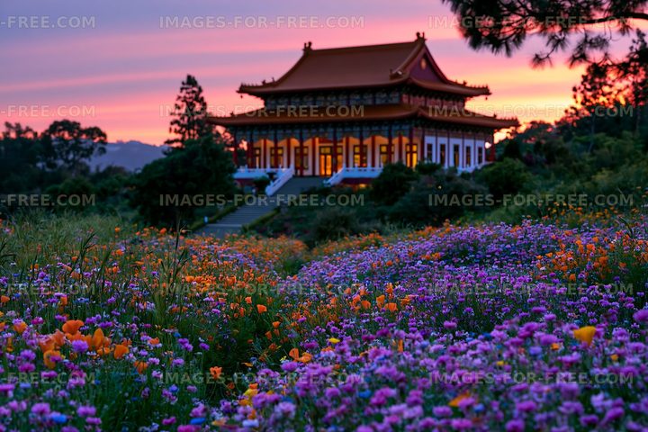 Temple surrounded by a field of flowers at sunset