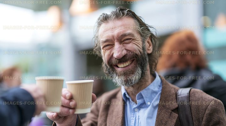 Man celebrating with cups of coffee in a busy urban area