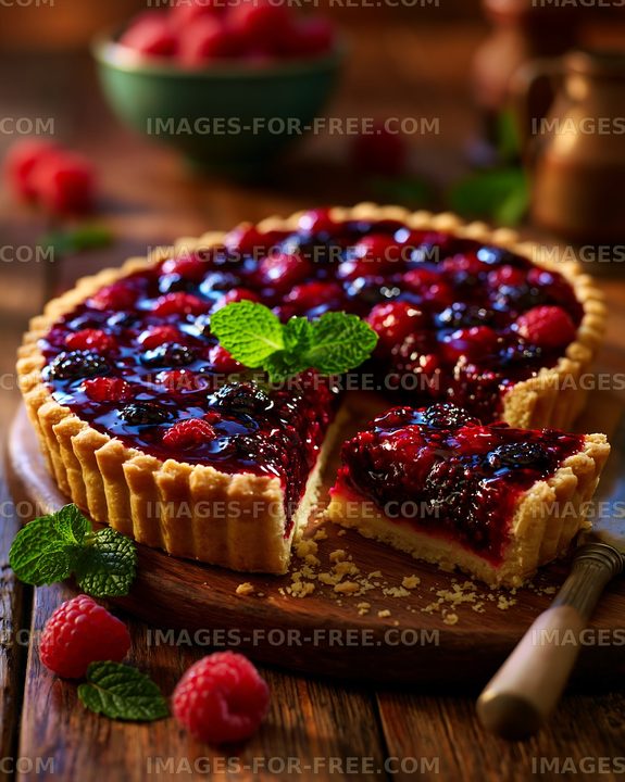 Fresh berry tart on a wooden table with mint leaves