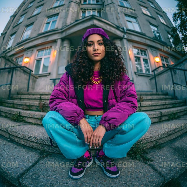 Young woman sitting on steps in colorful outfit