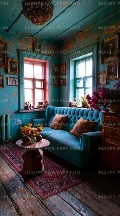 Cozy vintage living room with blue walls and natural light