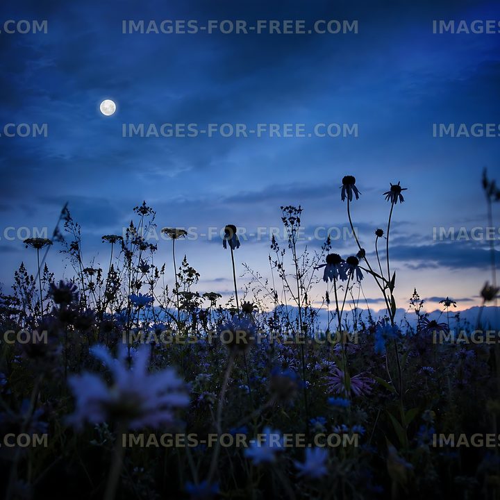 Flowers under a full moon in a night sky