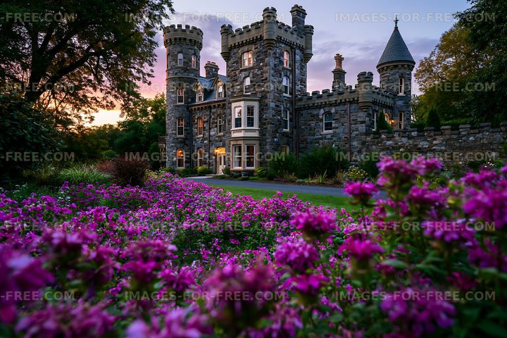 Castle surrounded by flowers at sunset in a garden setting