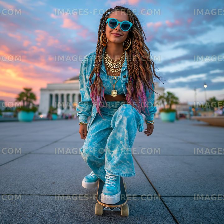 Skater riding a skateboard in a colorful setting at sunset