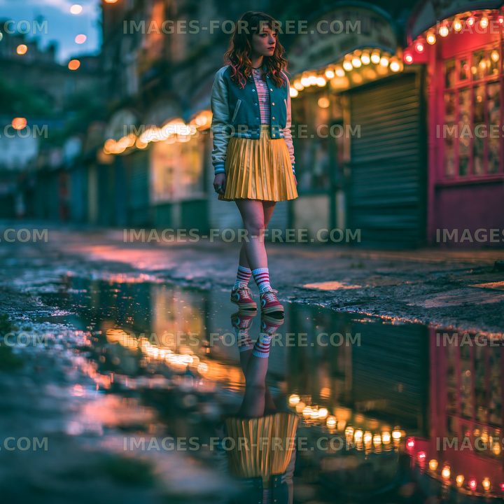 Young woman walking along a street with colorful lights at night
