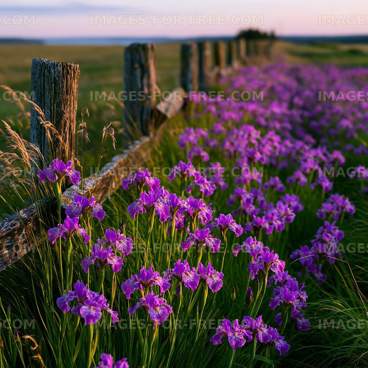 Purple flowers along a wooden fence in a field at sunset