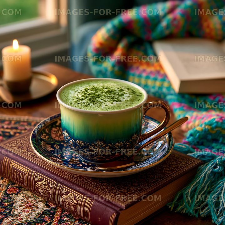 Cup of matcha tea on a table with books and a candle