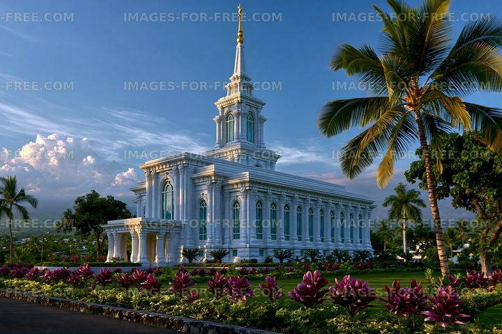 Beautiful church building with clear sky and palm trees