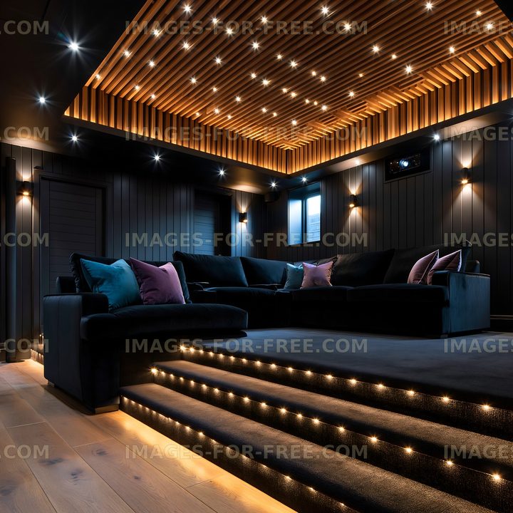 Modern home theater with comfortable seating and soft lighting
