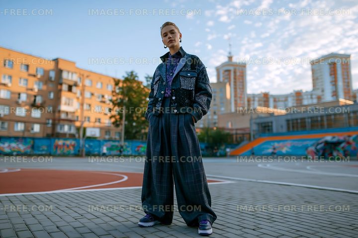 Person standing in urban area with buildings and basketball court