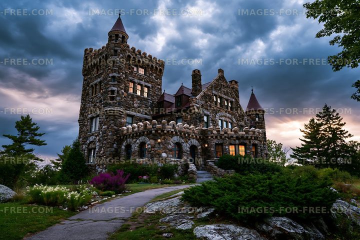 Historic stone castle under a cloudy sky at sunset
