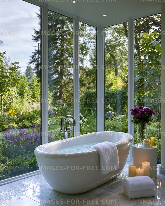 Relaxing bath setup with view of garden in a modern home