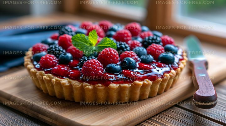 Berry tart on a wooden table near a window