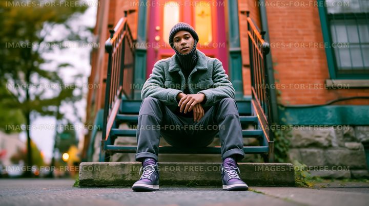Person sitting on steps outside a building in an urban area