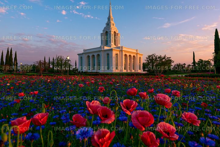 Church building surrounded by colorful flowers at sunset