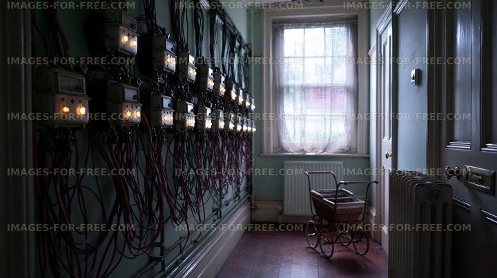 Old hallway with electrical meters and a vintage stroller